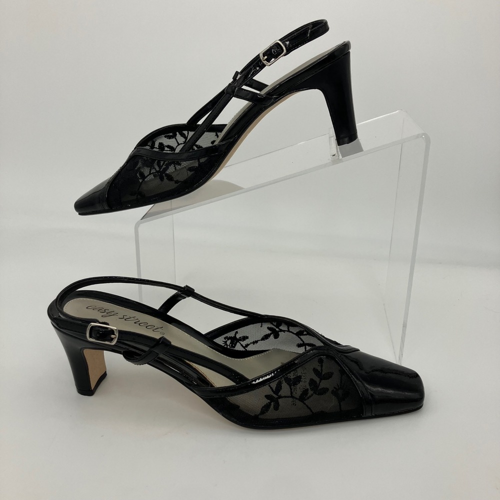 Easy Street Slingback Heels Womens 7.5N Black Mesh Lace Floral Formal Evening